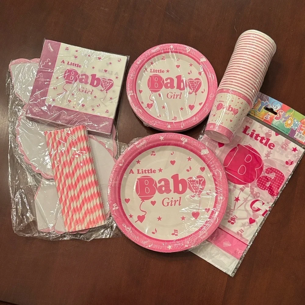 Brand New Baby Shower Party Supplies Plates Cups Napkins for 24 Guests Pink Girl
